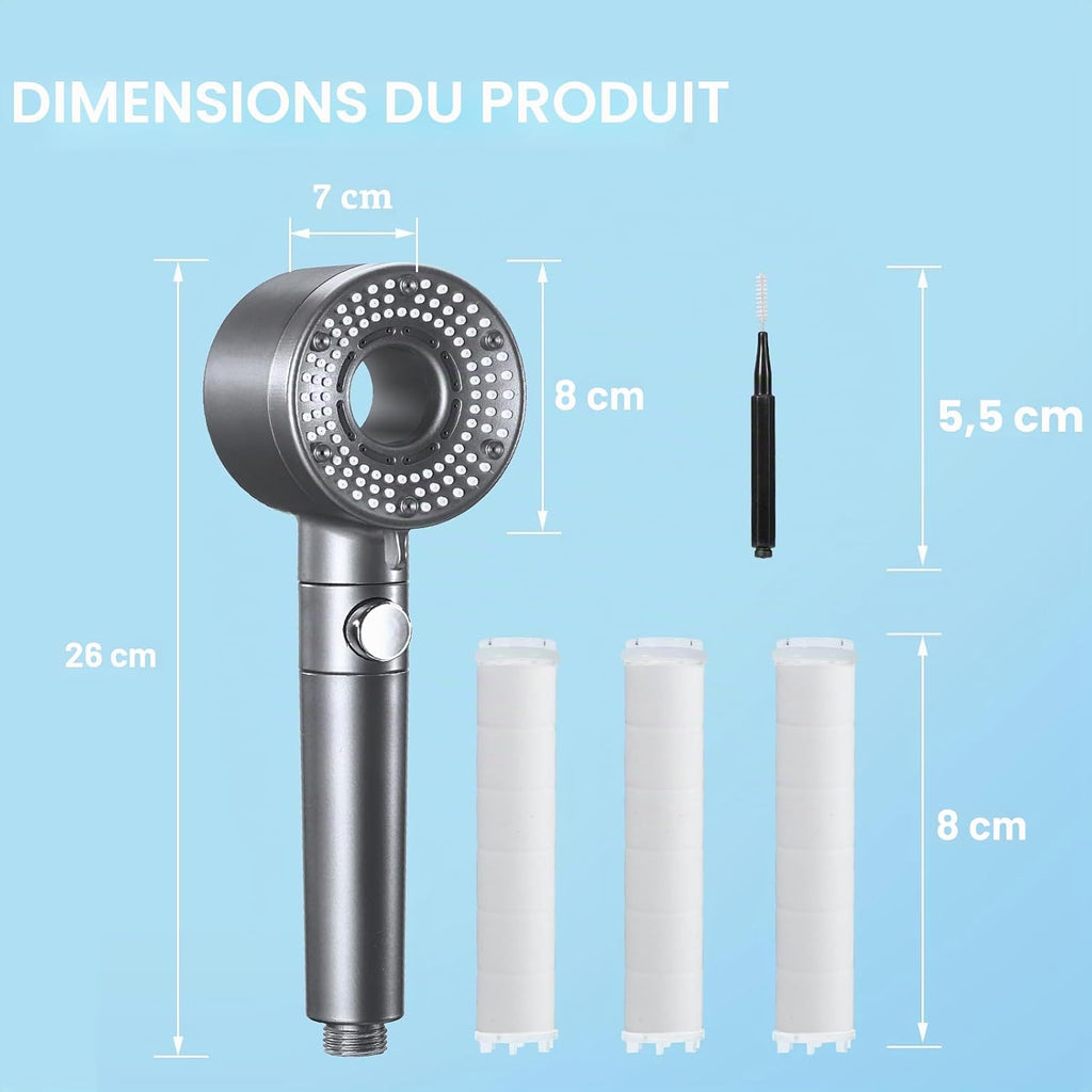 Pommeau de Douche Anti Calcaire Haute Pression, 5 Jets, Gris