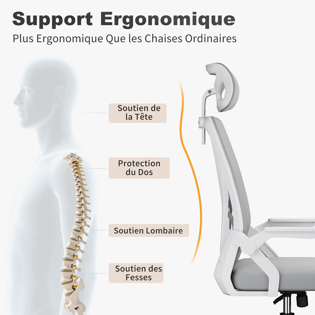 Chaise de Bureau Ergonomique, avec accoudoirs réversibles à 90°, siège en Maille Respirante, Fonction Rotation et basculement à 360°, Convient au Bureau et à la Maison, Gris.