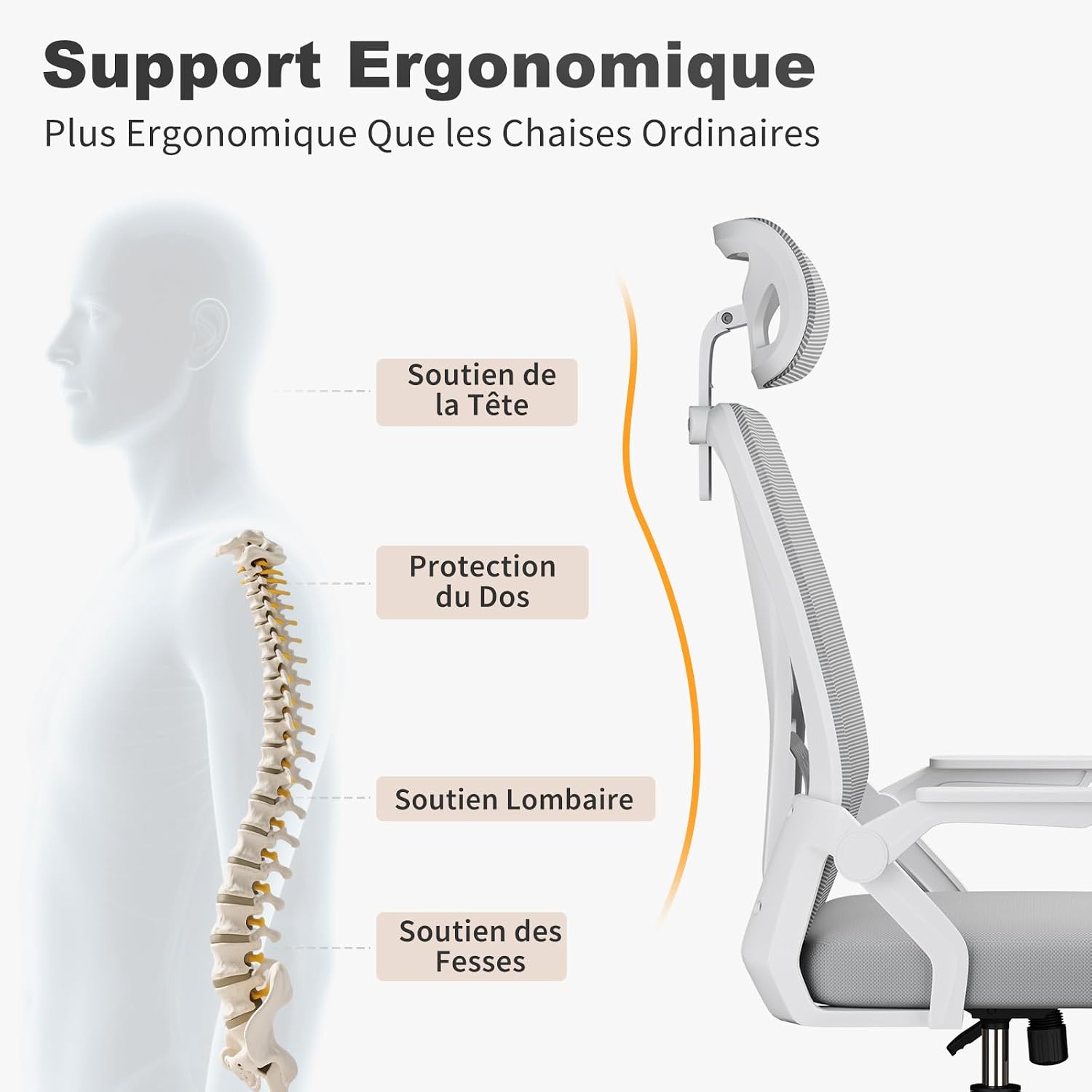 Chaise de Bureau Ergonomique, avec accoudoirs réversibles à 90°, siège en Maille Respirante, Fonction Rotation et basculement à 360°, Convient au Bureau et à la Maison, Gris.