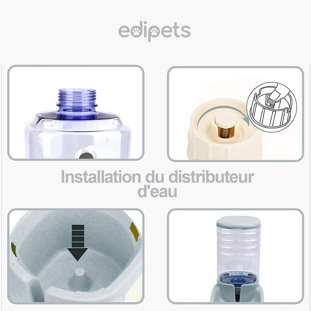 Distributeur Croquettes Chat, Chien, Automatique, 2 Unités, 3.8 L, Gamelle à Nourriture et à Eau pour Animaux de Compagnie (Gris) Edipets
