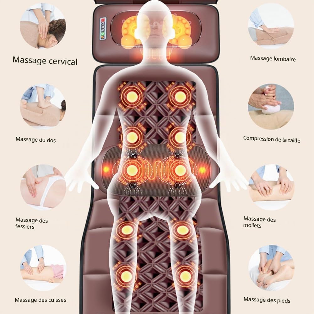 Tapis de Massage Complet du Corps, Matelas de Massage, 10 moteurs Vibrants, Tapis de Massage Vibrant mit Chauffant, 5 Modes, 3 Intensités, Relaxation Musculaire pour dos & épaules