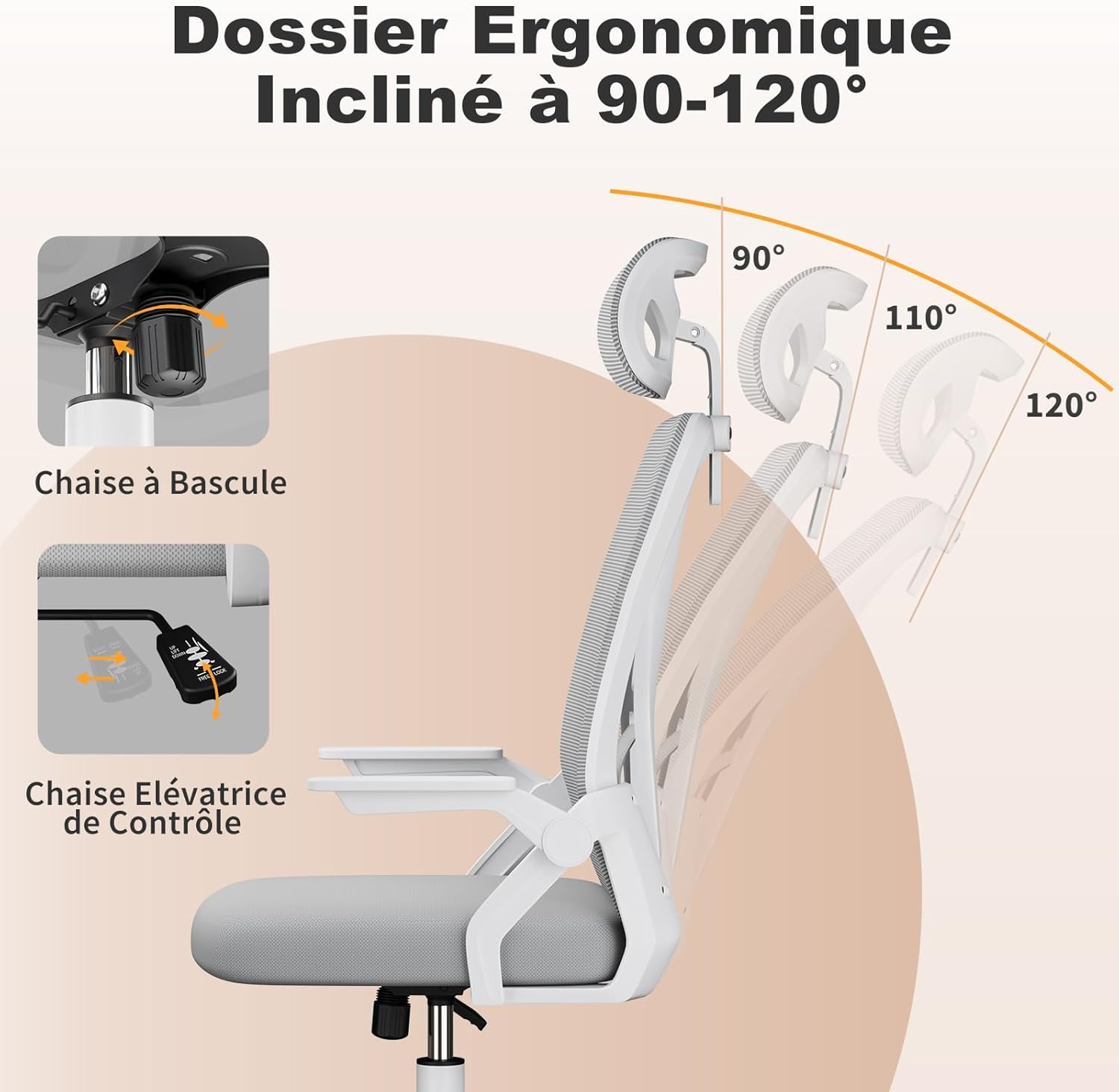 Chaise de Bureau Ergonomique, avec accoudoirs réversibles à 90°, siège en Maille Respirante, Fonction Rotation et basculement à 360°, Convient au Bureau et à la Maison, Gris.