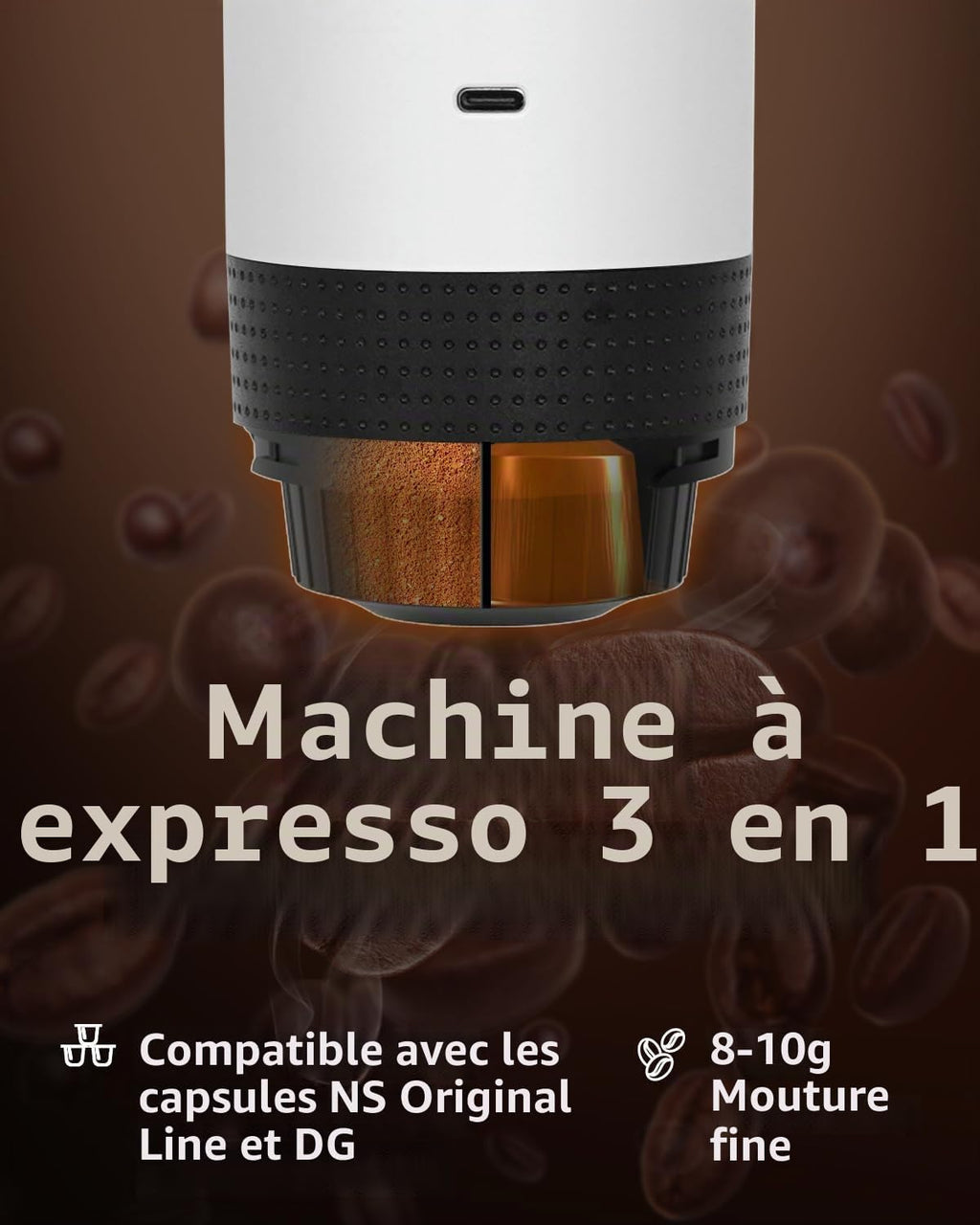 Machine à café expresso portable sans fil 11,1 V 2-en-1 compatible avec le café moulu et les capsules Nespresso