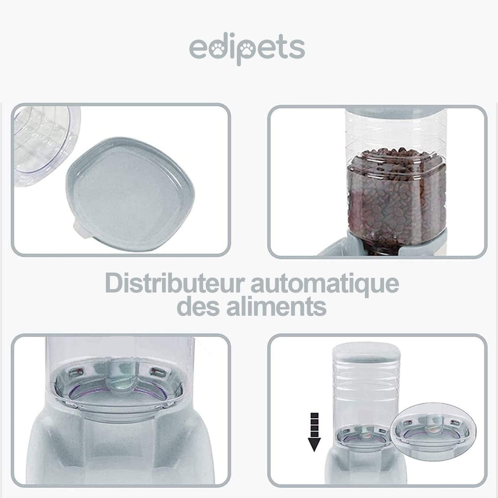 Distributeur Croquettes Chat, Chien, Automatique, 2 Unités, 3.8 L, Gamelle à Nourriture et à Eau pour Animaux de Compagnie (Gris) Edipets