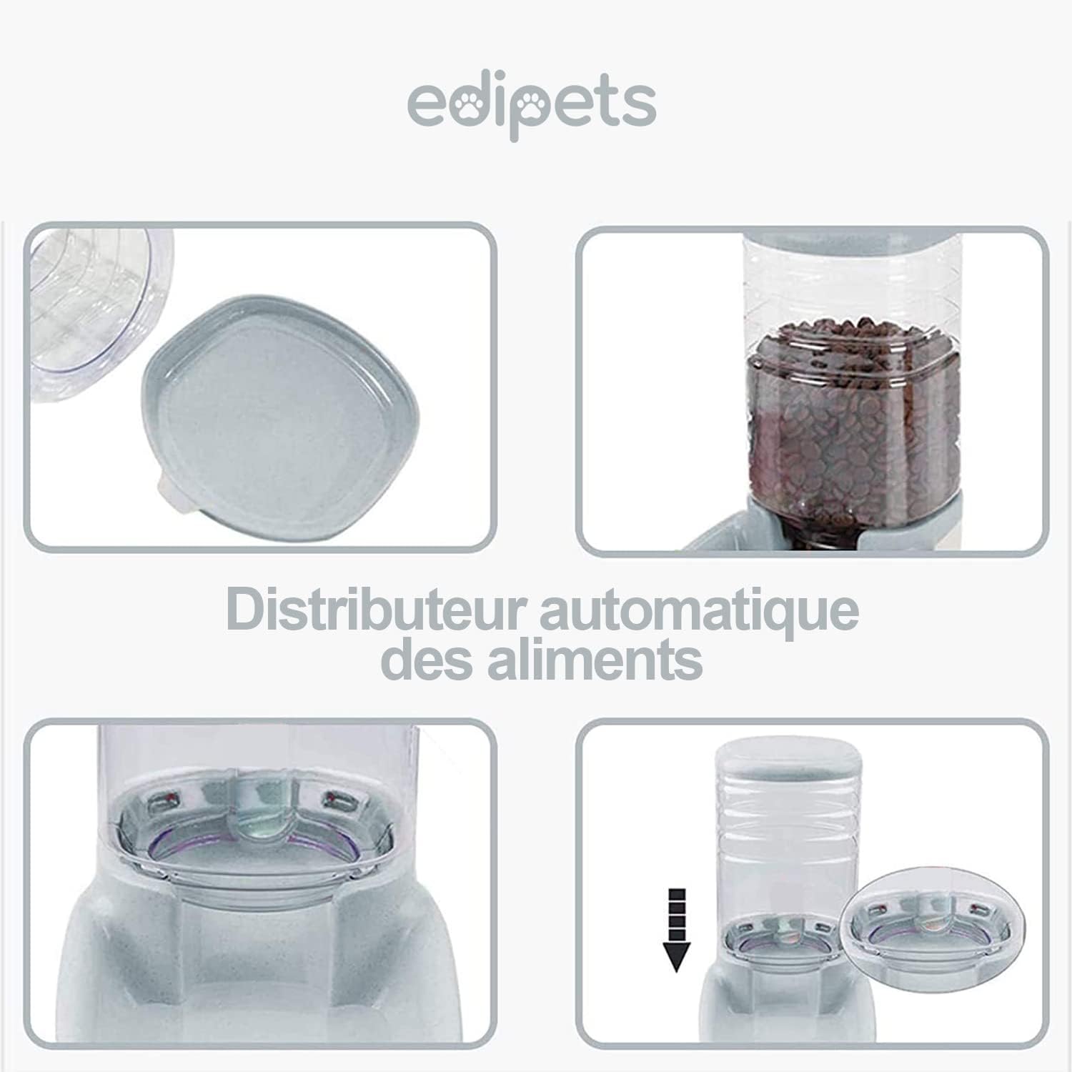 Distributeur Croquettes Chat, Chien, Automatique, 2 Unités, 3.8 L, Gamelle à Nourriture et à Eau pour Animaux de Compagnie (Gris) Edipets