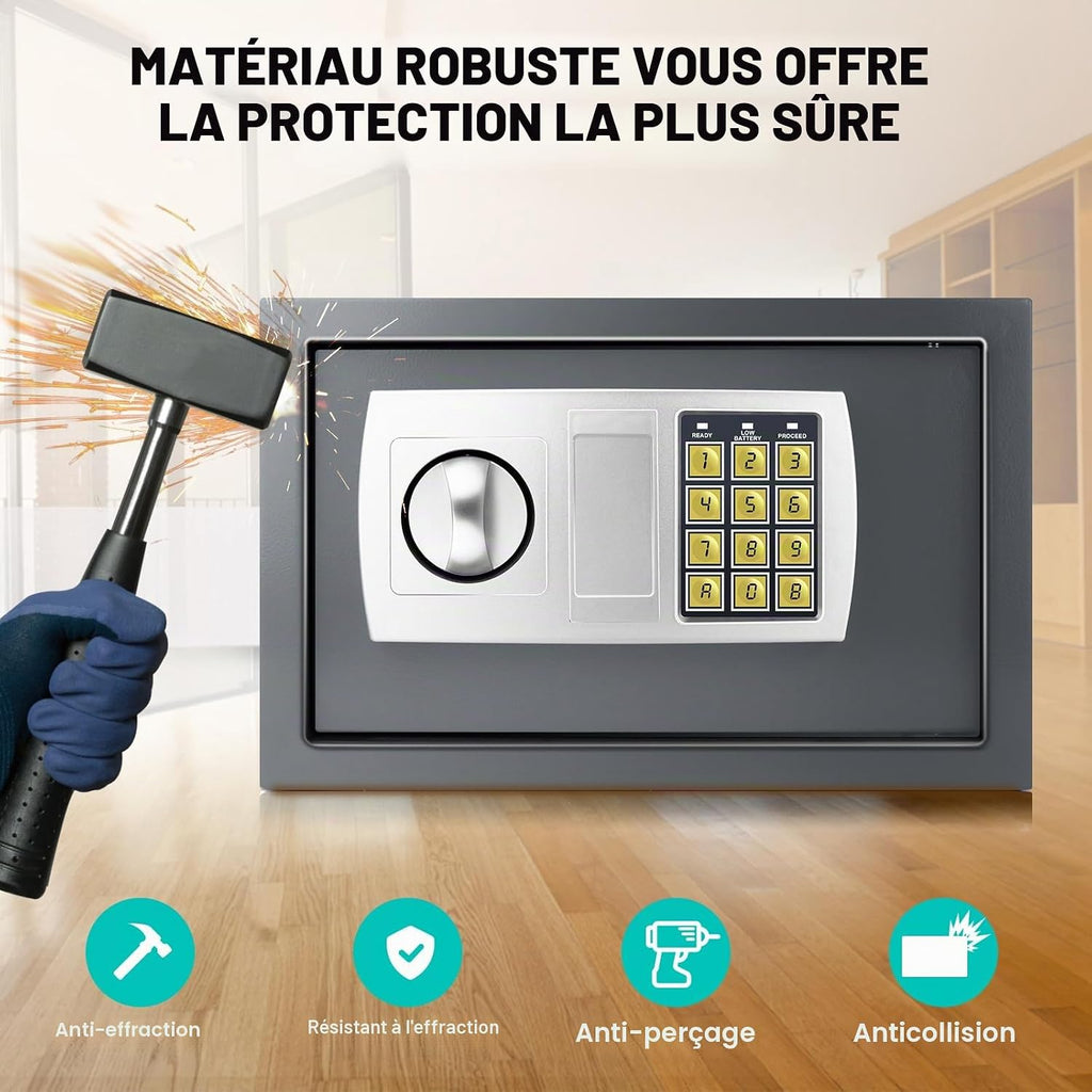 Coffre-fort électronique numérique ignifuge étanche en acier haute sécurité serrure à code 8,5 l Gris
