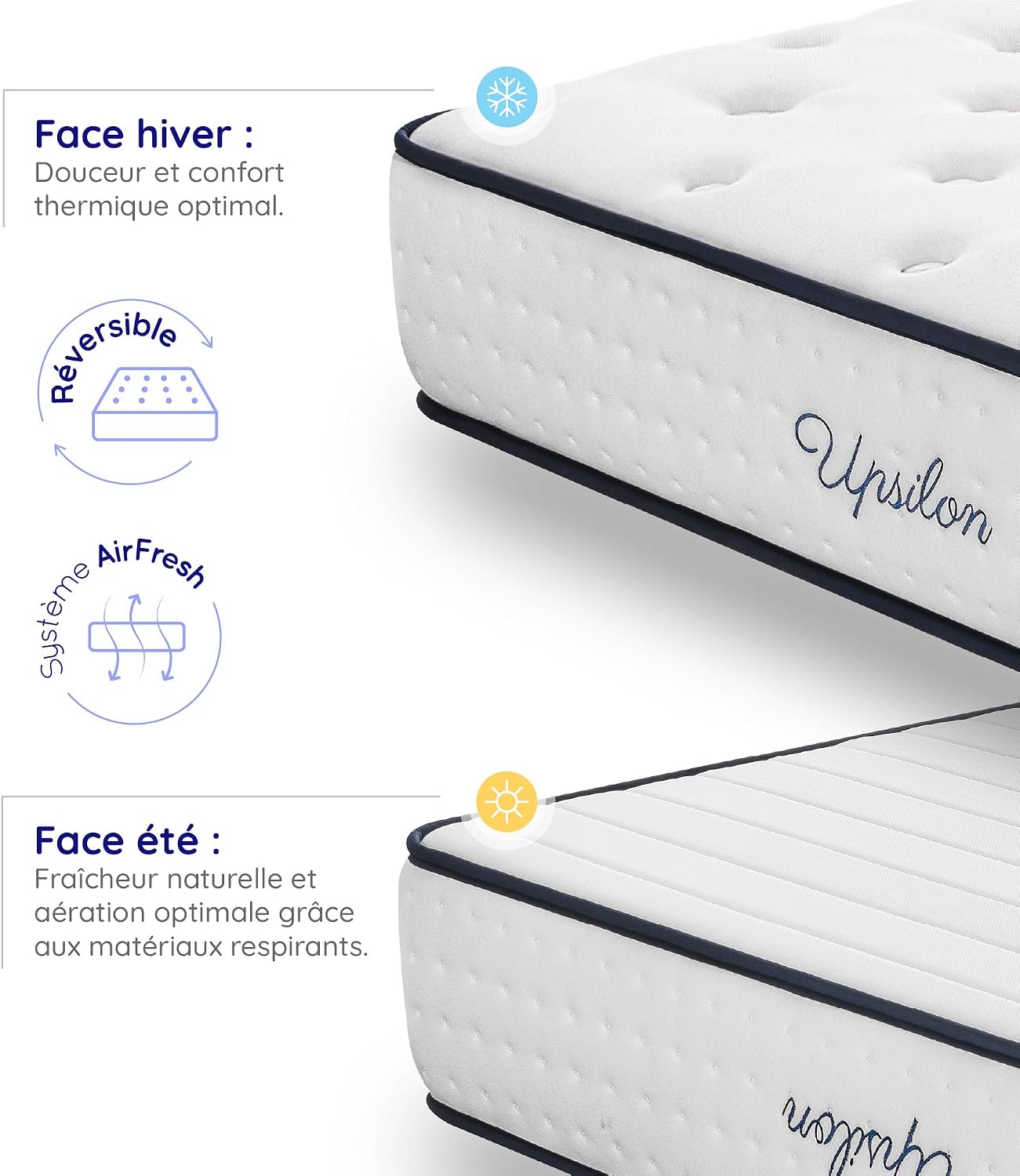 Matelas 30 cm à Ressorts Ensachés Upsilon - Matelas  Noyau Hybride - Épais 30 cm