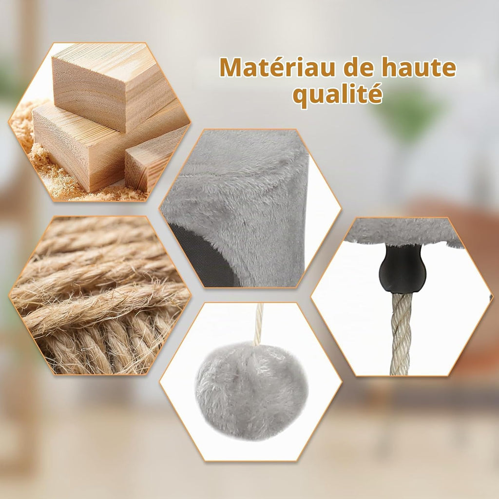 Arbre à Chat Tour de Jeux pour Chats avec 3 Poteaux à Griffer, 2 Plateformes, 1 Nid Douillet, 1 Pompons, Multi-Niveaux Convient aux Chats de Petite et Moyenne Taille Gris Hauteur 112 cm
