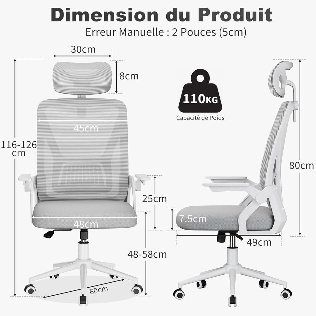 Chaise de Bureau Ergonomique, avec accoudoirs réversibles à 90°, siège en Maille Respirante, Fonction Rotation et basculement à 360°, Convient au Bureau et à la Maison, Gris.