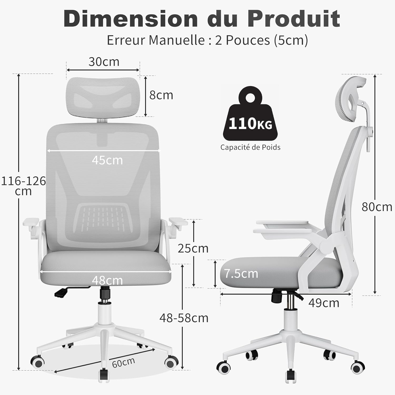 Chaise de Bureau Ergonomique, avec accoudoirs réversibles à 90°, siège en Maille Respirante, Fonction Rotation et basculement à 360°, Convient au Bureau et à la Maison, Gris.