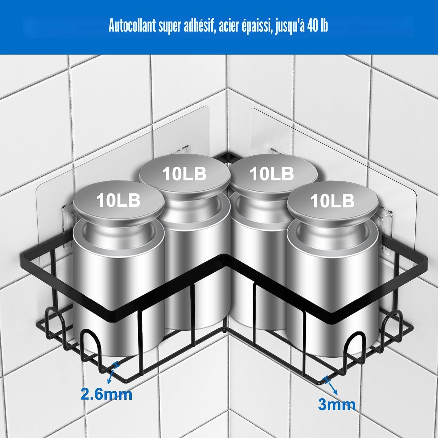Lot de 3 étagères Étagère de Douche sans Percage, Étagère Salle Angle de Bain, Noir