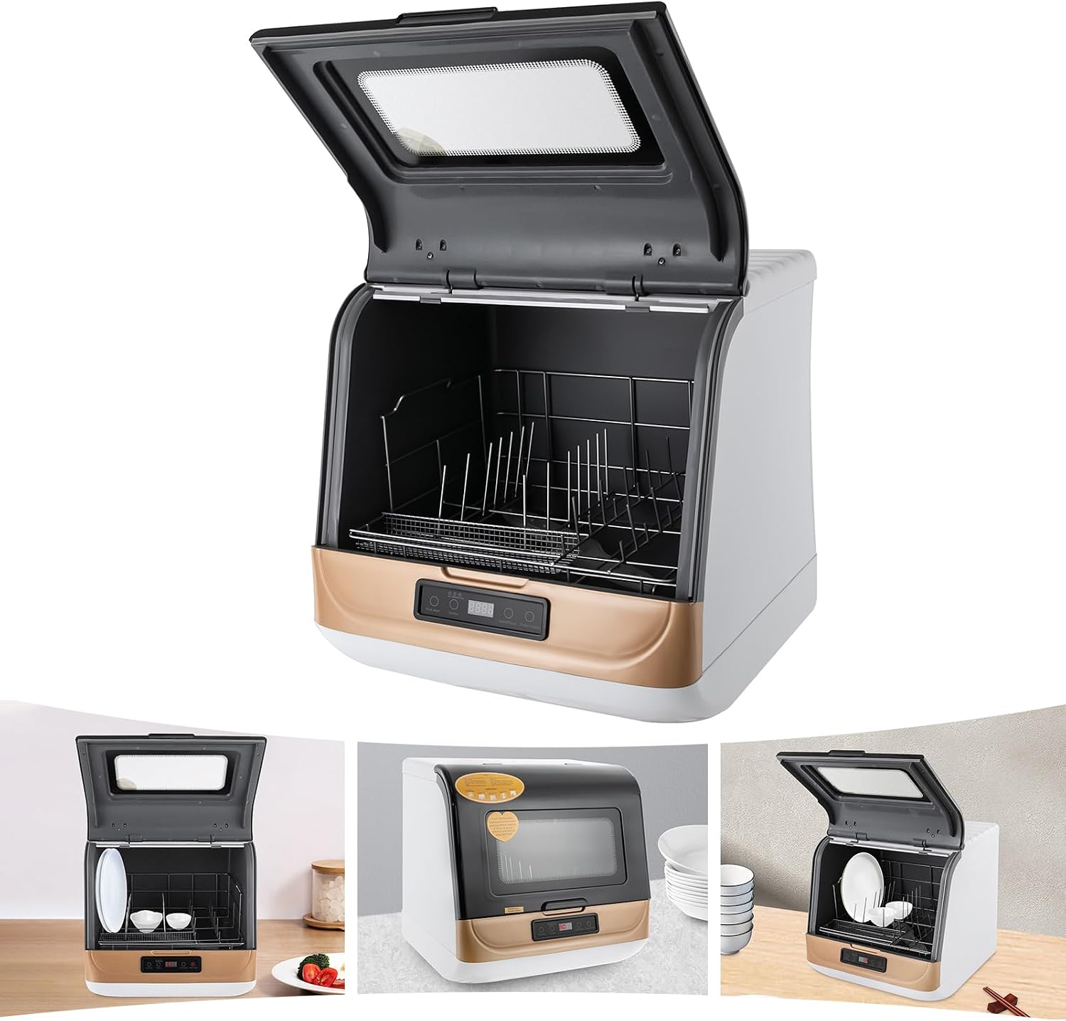 Lave-vaisselle de table compact avec 3 modes de lavage, 360 ° Pulvérisation d'eau, séchage à l'air chaud pour la maison, idéal pour les petits espaces