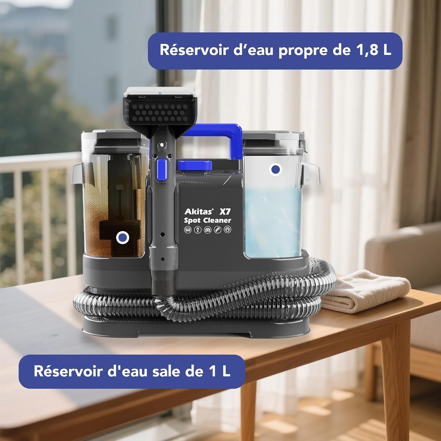Nettoyeur Tapis, Matelas, Voiture, Réservoir Double Akitas X7 600W Shampouineuse Canapé avec Fonction Autonettoyante, Aspiration 14kPa, Poils d’Animaux