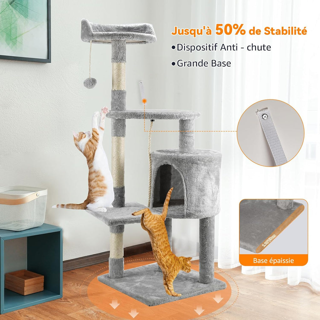 Arbre à Chat Tour de Jeux pour Chats avec 3 Poteaux à Griffer, 2 Plateformes, 1 Nid Douillet, 1 Pompons, Multi-Niveaux Convient aux Chats de Petite et Moyenne Taille Gris Hauteur 112 cm