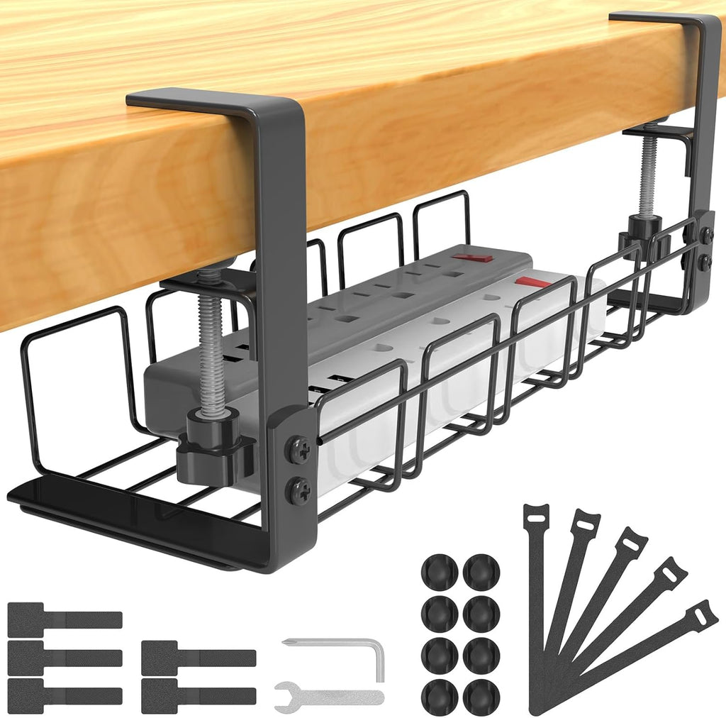 Support de rangement sous table, sans perçage, plateau de gestion des câbles en métal, lot de Cable Management, Plateau de Gestion des Câbles sous Bureau sans Perçage, Rangement Cable Bureau pour La Gestion des Câbles et des Multiprises, Noir