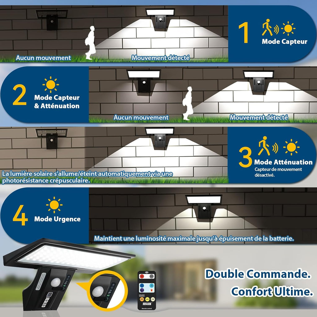 Lumière Solaire avec Détecteur de Mouvement, 4 Modes Étanche Lampe de Sécurité, 3 Couleurs Télécommande Lampe Mural pour Jardin Cour
