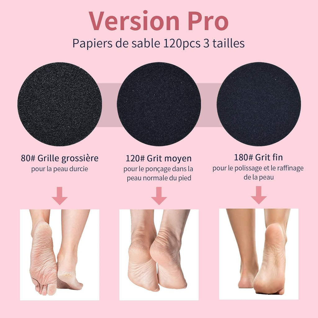 Rapeuse Pieds électrique Professionnelle 12 cm - avec 120 Disques Abrasifs et Vitesse Variable - Pour Pedicure et Soin des Pieds à Domicile - Rose