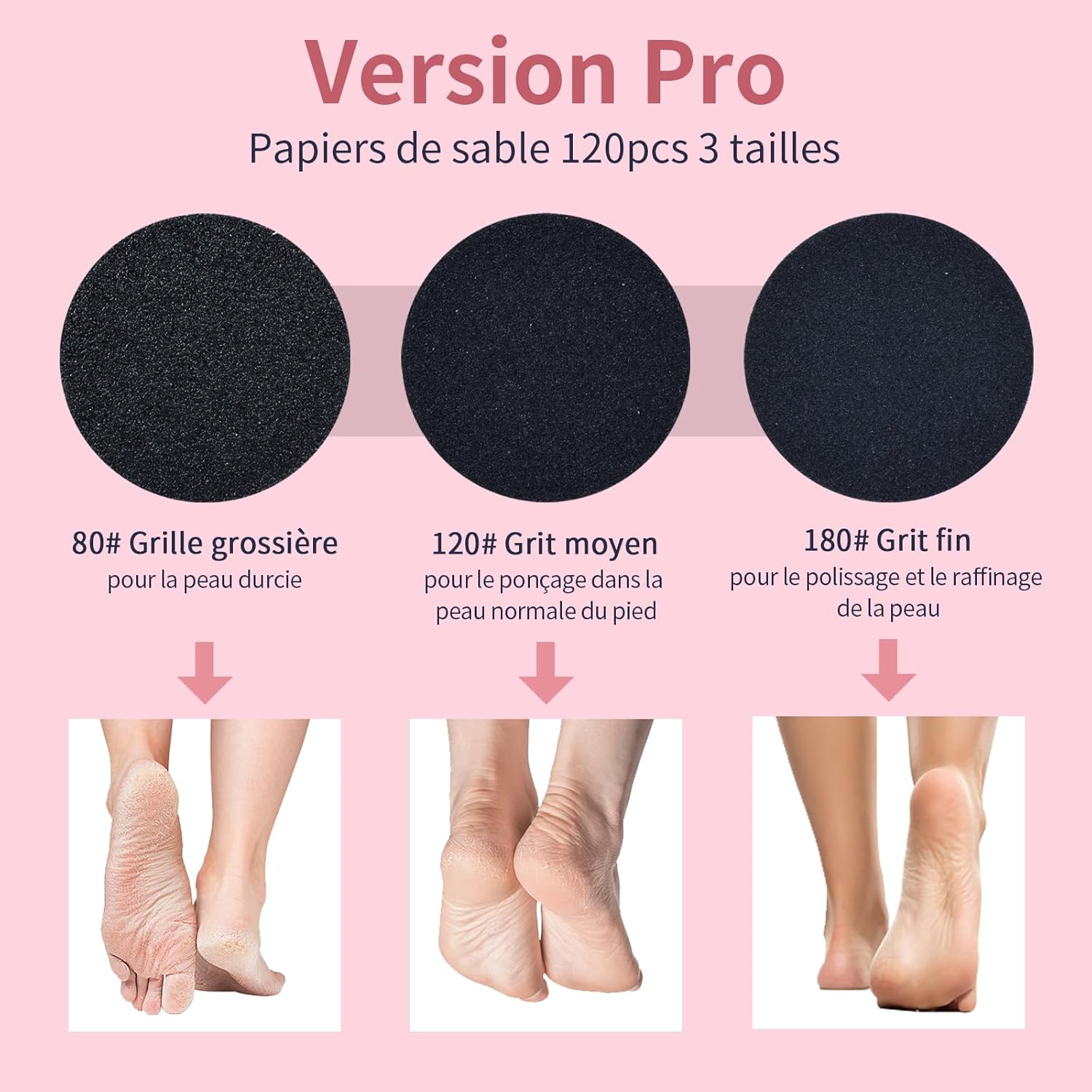 Rapeuse Pieds électrique Professionnelle 12 cm - avec 120 Disques Abrasifs et Vitesse Variable - Pour Pedicure et Soin des Pieds à Domicile - Rose