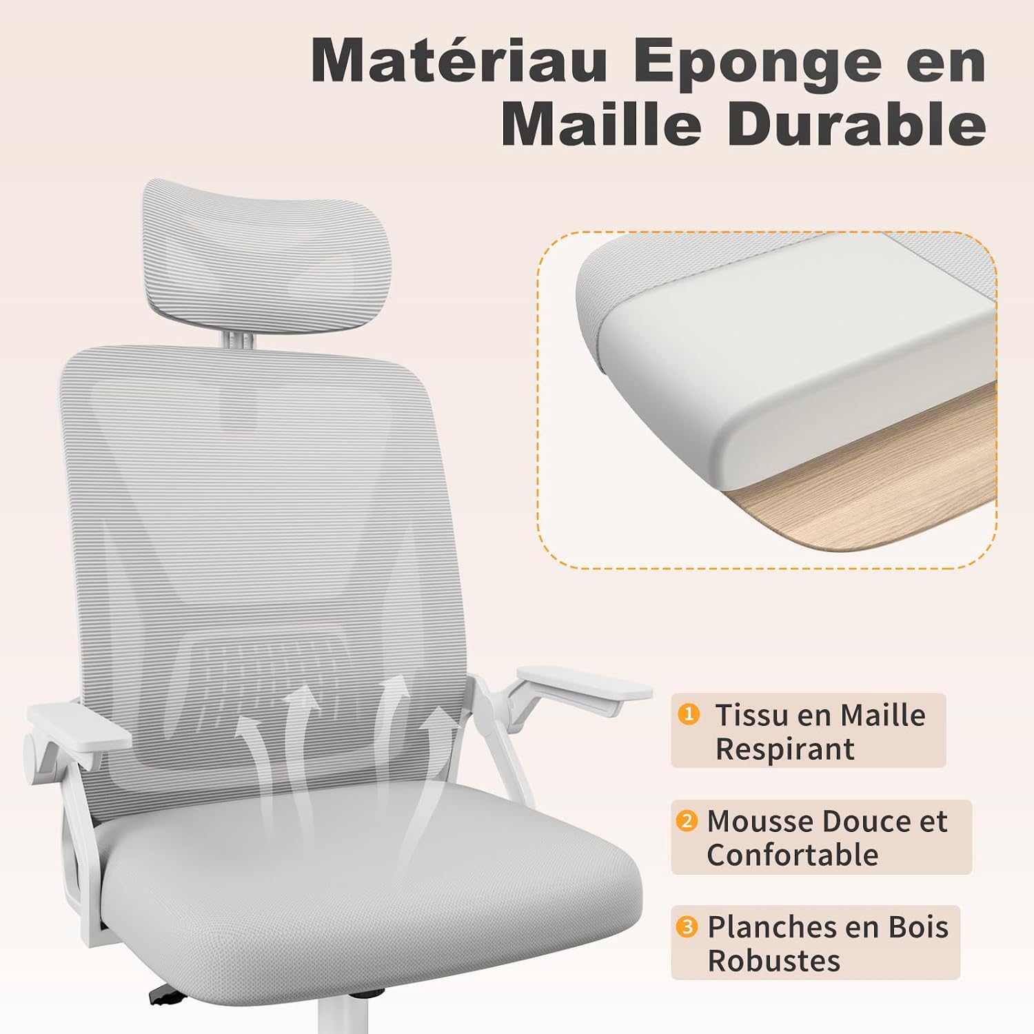 Chaise de Bureau Ergonomique, avec accoudoirs réversibles à 90°, siège en Maille Respirante, Fonction Rotation et basculement à 360°, Convient au Bureau et à la Maison, Gris.