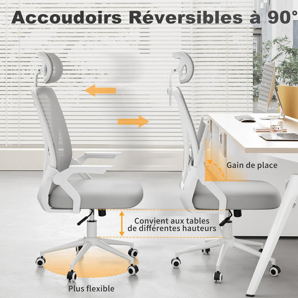 Chaise de Bureau Ergonomique, avec accoudoirs réversibles à 90°, siège en Maille Respirante, Fonction Rotation et basculement à 360°, Convient au Bureau et à la Maison, Gris.