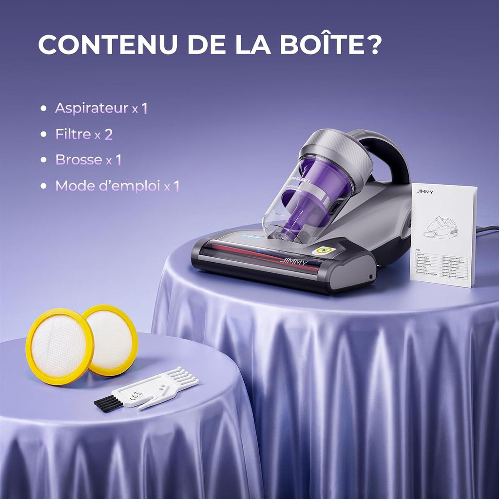 Aspirateur anti-acariens Jimmy JV35 avec lumière Aspirateur à main Lubluelu CM208 pour lit, éliminateur d'acariens, 15Kpa, puissant, portable, pour la maison, le canapé, le lit - Chauffage rapide Compartiment à poussière, Filtre HEPA