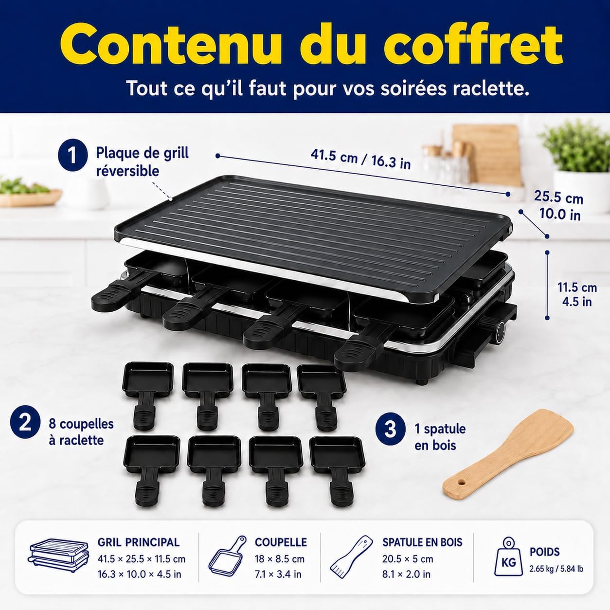 Appareil à Raclette 8 Personnes avec Grille Réversible Antiadhésive, Mini Poêlons en Fromage et Spatule en Bois appareil pour raclette