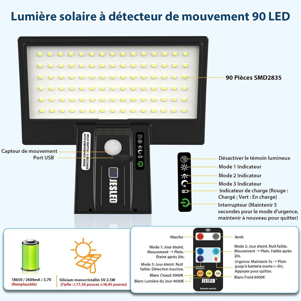 Lumière Solaire avec Détecteur de Mouvement, 4 Modes Étanche Lampe de Sécurité, 3 Couleurs Télécommande Lampe Mural pour Jardin Cour
