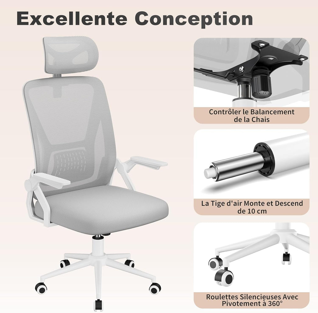 Chaise de Bureau Ergonomique, avec accoudoirs réversibles à 90°, siège en Maille Respirante, Fonction Rotation et basculement à 360°, Convient au Bureau et à la Maison, Gris.
