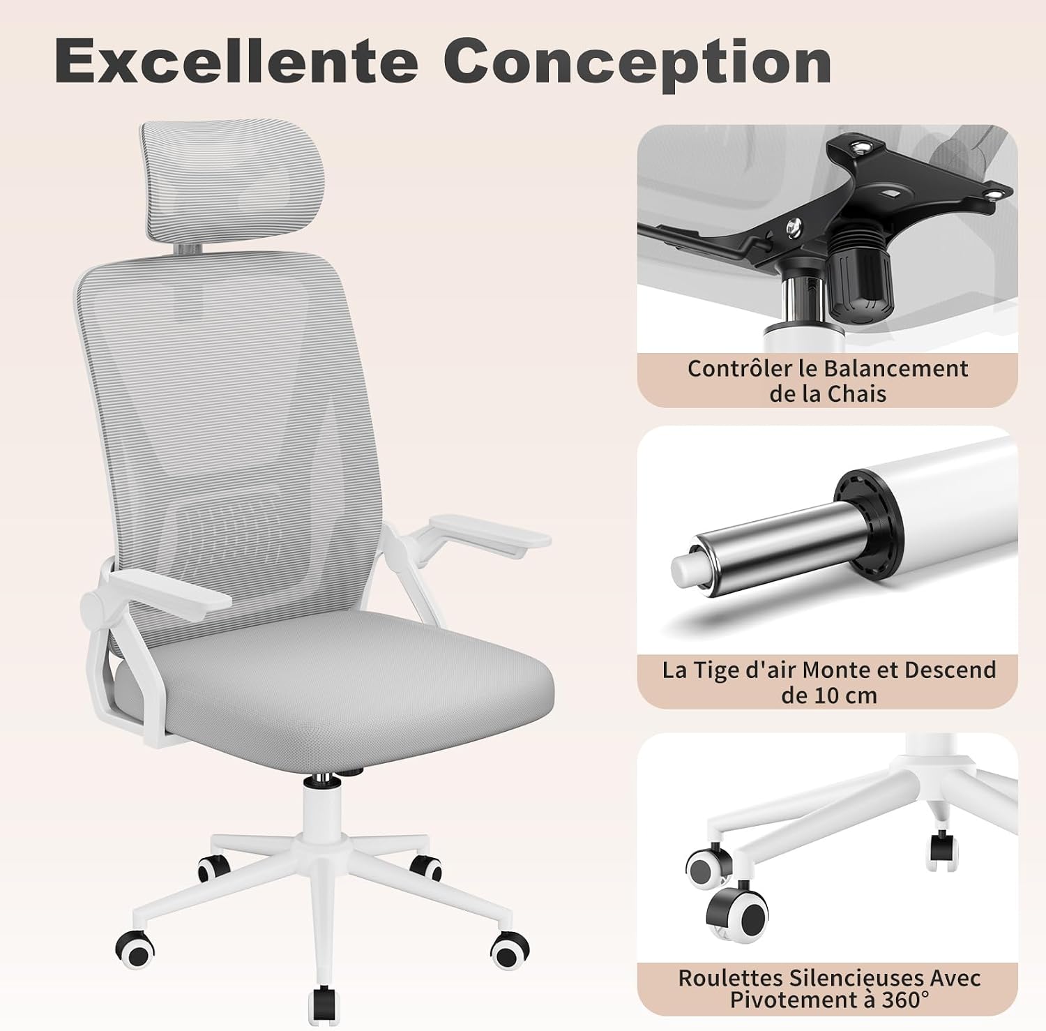 Chaise de Bureau Ergonomique, avec accoudoirs réversibles à 90°, siège en Maille Respirante, Fonction Rotation et basculement à 360°, Convient au Bureau et à la Maison, Gris.