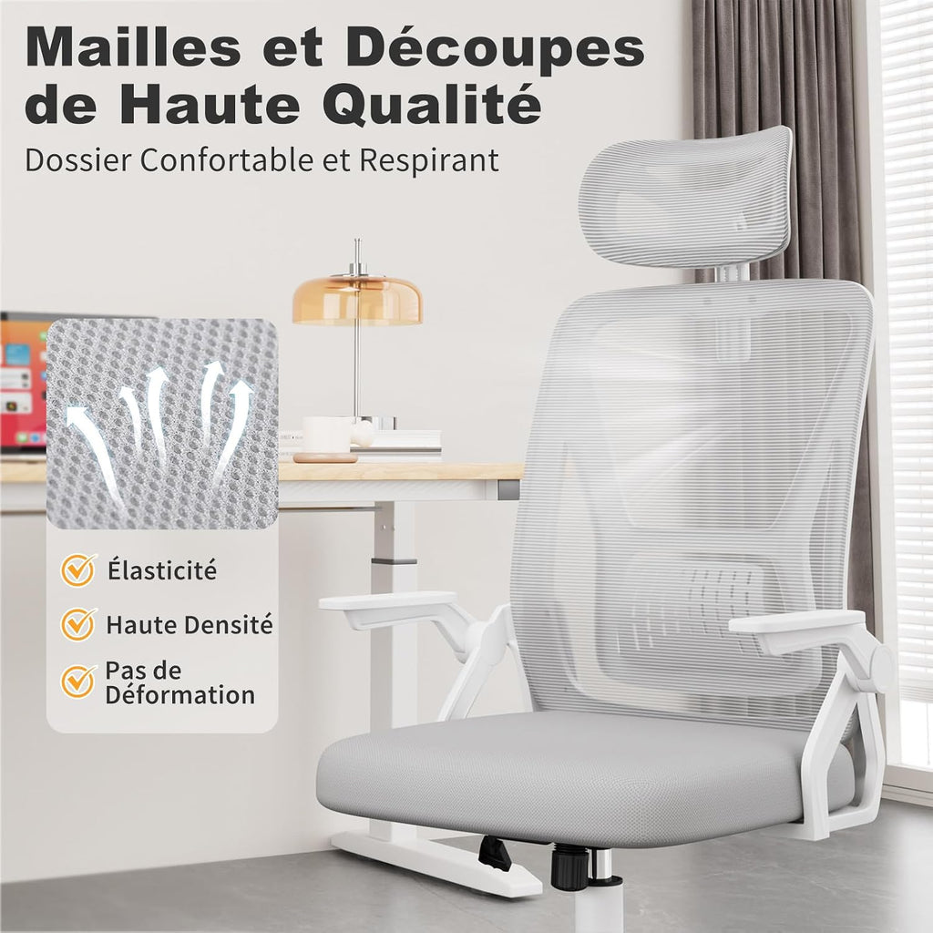 Chaise de Bureau Ergonomique, avec accoudoirs réversibles à 90°, siège en Maille Respirante, Fonction Rotation et basculement à 360°, Convient au Bureau et à la Maison, Gris.