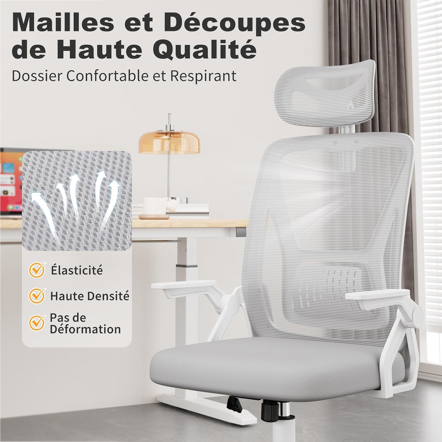 Chaise de Bureau Ergonomique, avec accoudoirs réversibles à 90°, siège en Maille Respirante, Fonction Rotation et basculement à 360°, Convient au Bureau et à la Maison, Gris.