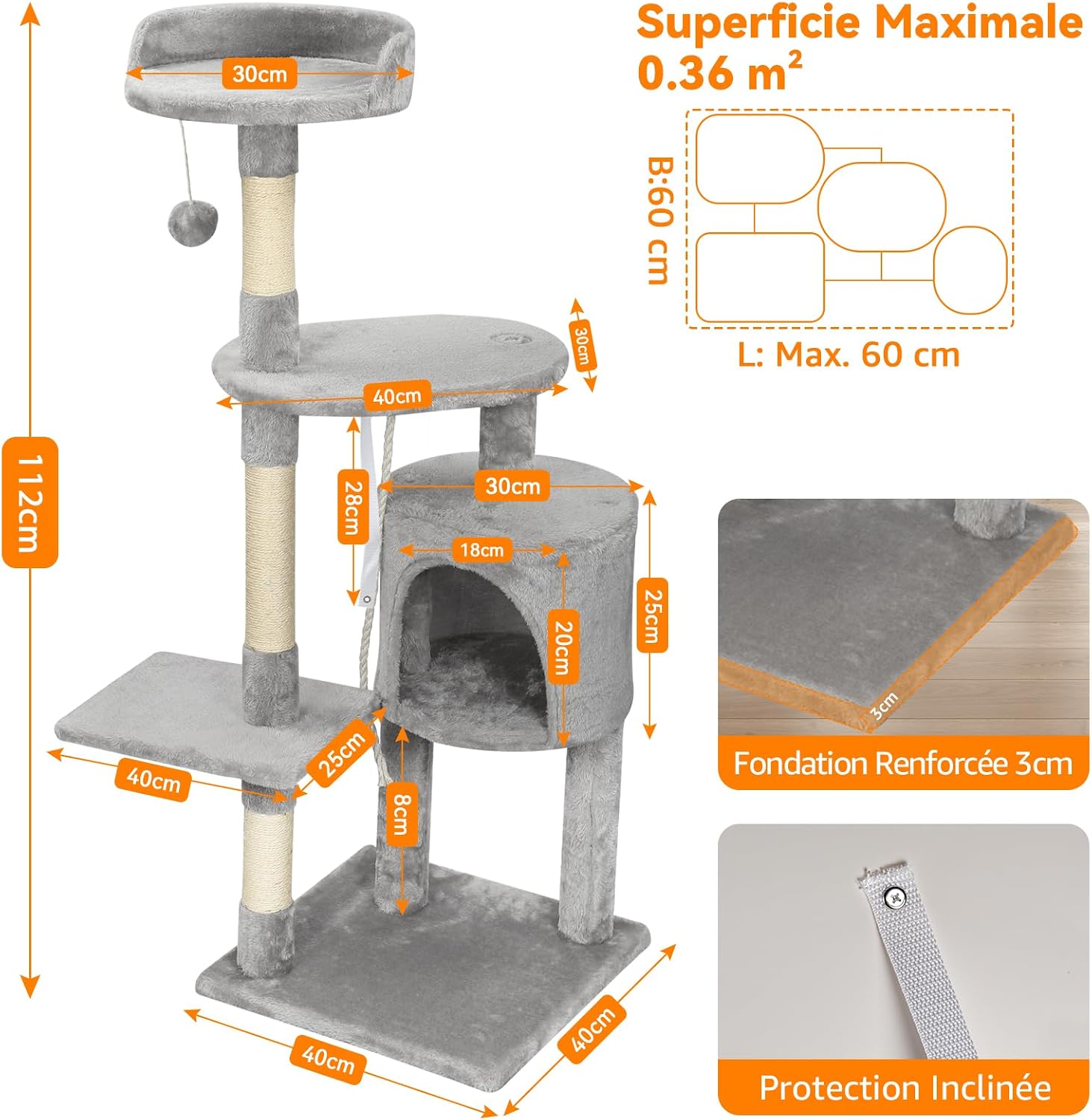 Arbre à Chat Tour de Jeux pour Chats avec 3 Poteaux à Griffer, 2 Plateformes, 1 Nid Douillet, 1 Pompons, Multi-Niveaux Convient aux Chats de Petite et Moyenne Taille Gris Hauteur 112 cm
