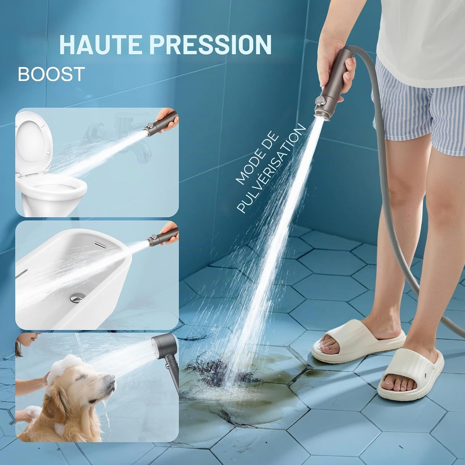 Pommeau de Douche Anti Calcaire Haute Pression, 5 Jets, Gris