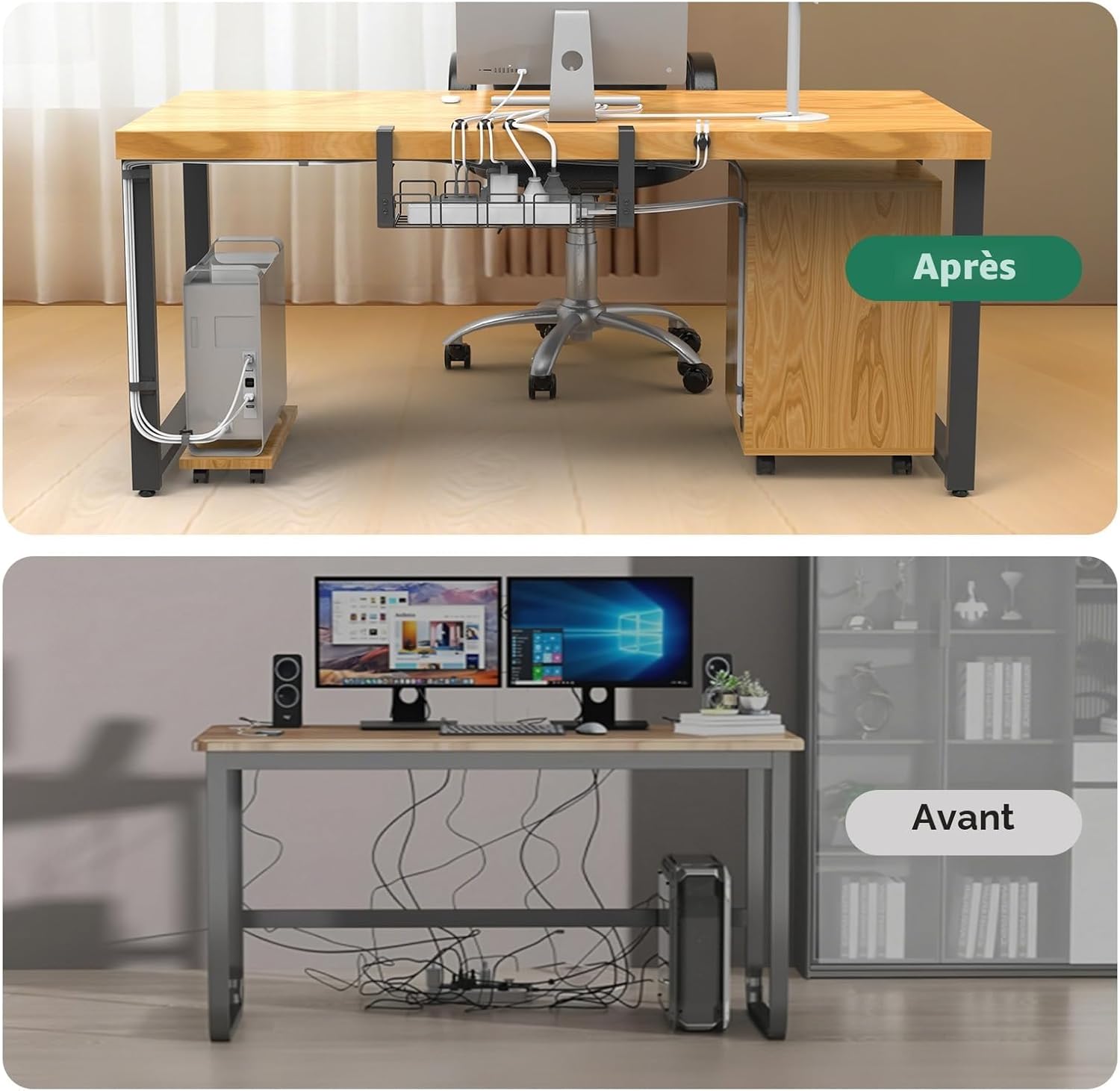 Support de rangement sous table, sans perçage, plateau de gestion des câbles en métal, lot de Cable Management, Plateau de Gestion des Câbles sous Bureau sans Perçage, Rangement Cable Bureau pour La Gestion des Câbles et des Multiprises, Noir