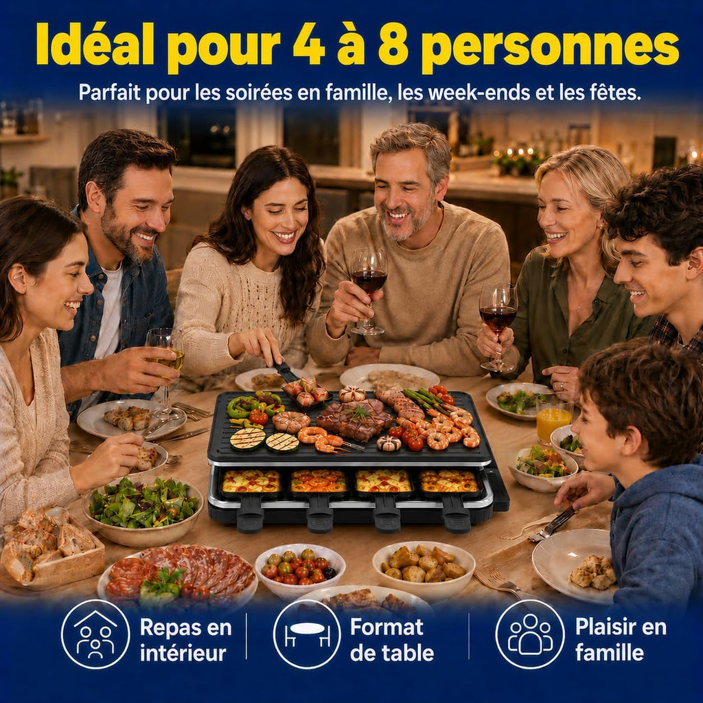 Appareil à Raclette 8 Personnes avec Grille Réversible Antiadhésive, Mini Poêlons en Fromage et Spatule en Bois appareil pour raclette
