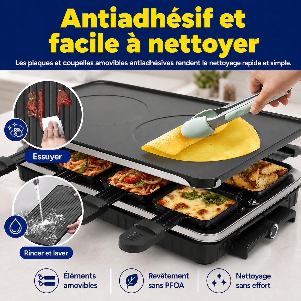 Appareil à Raclette 8 Personnes avec Grille Réversible Antiadhésive, Mini Poêlons en Fromage et Spatule en Bois appareil pour raclette