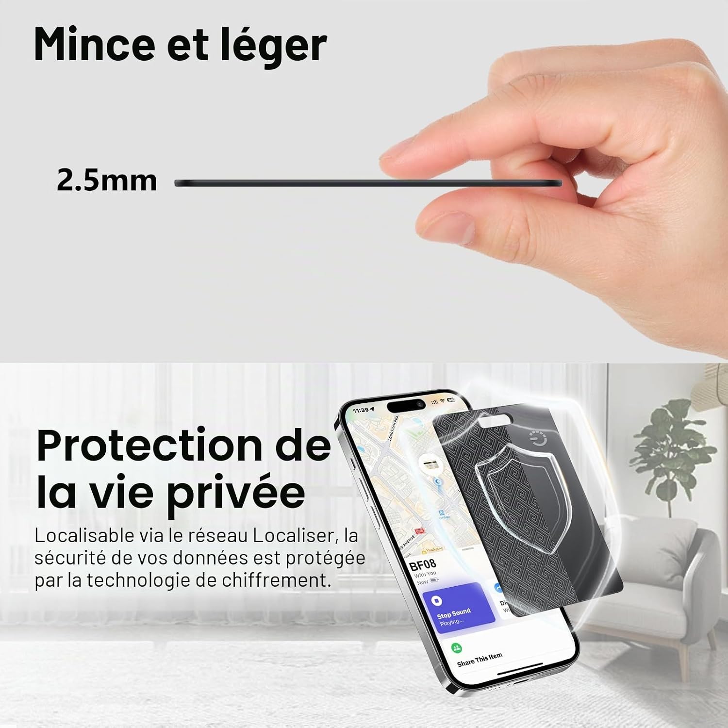 Carte Traceur de Portefeuille, 2 unités, Compatible avec Apple Localiser (Uniquement iOS), 1,8 mm, Étanche IP68, Localisateur Bluetooth à Charge sans Fil pour Portefeuilles