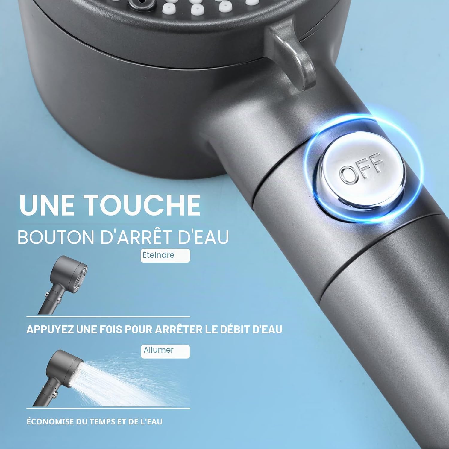 Pommeau de Douche Anti Calcaire Haute Pression, 5 Jets, Gris