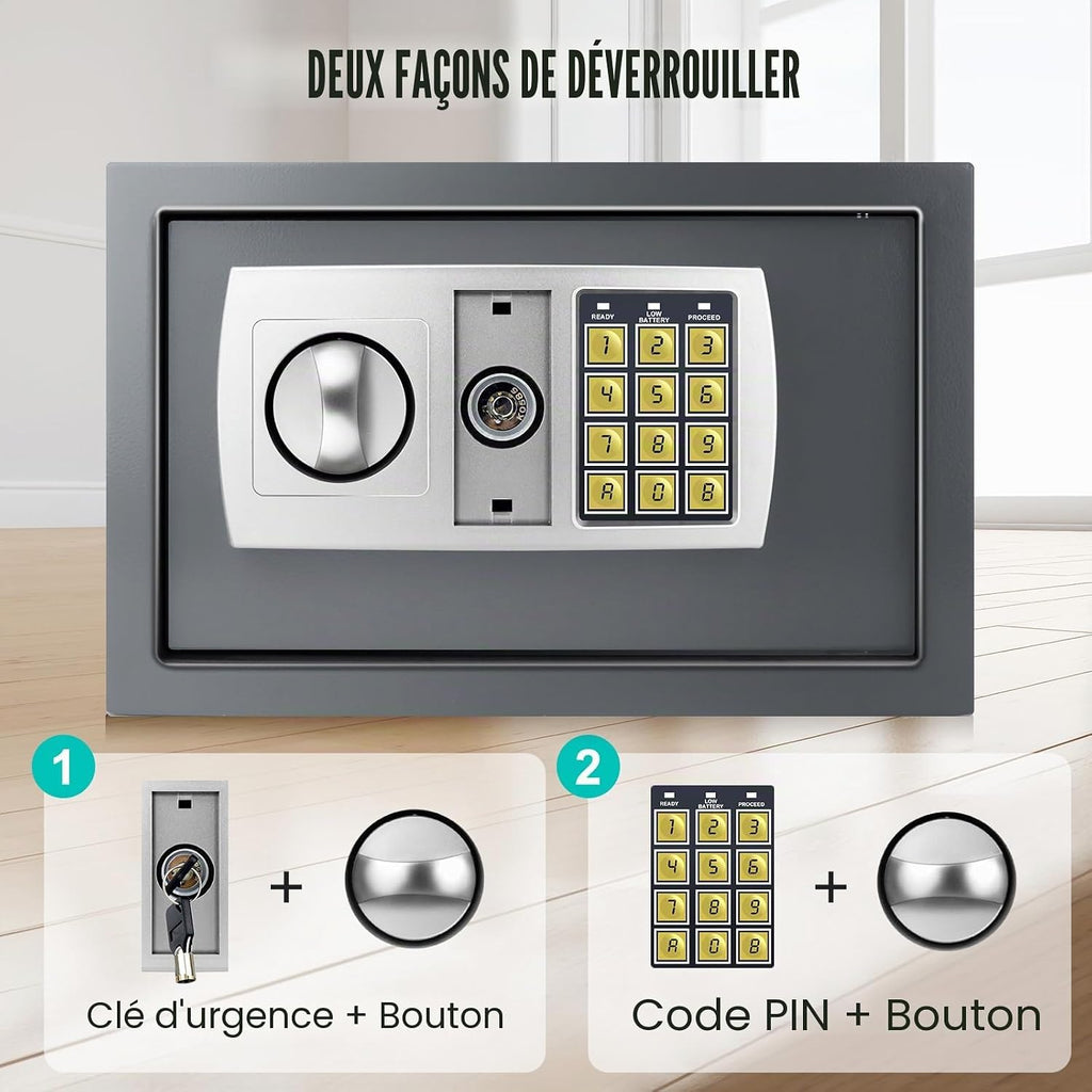 Coffre-fort électronique numérique ignifuge étanche en acier haute sécurité serrure à code 8,5 l Gris