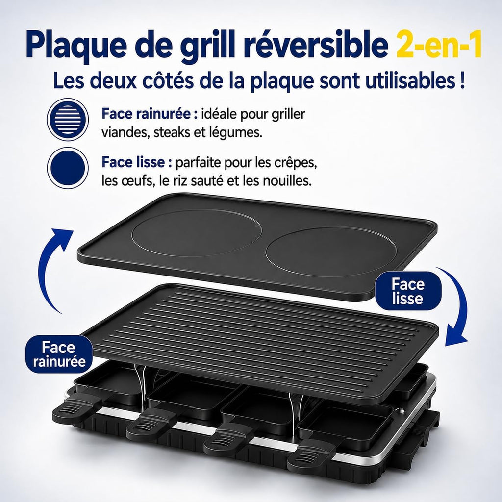 Appareil à Raclette 8 Personnes avec Grille Réversible Antiadhésive, Mini Poêlons en Fromage et Spatule en Bois appareil pour raclette