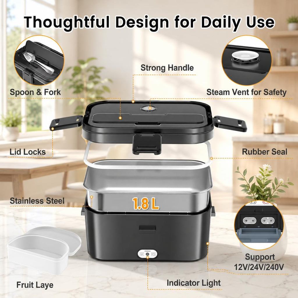 Chauffe-plat électrique portable DWiusty 1,8 L 75 W pour voiture ou maison, boîte à lunch anti-fuite pour chauffeurs de camions