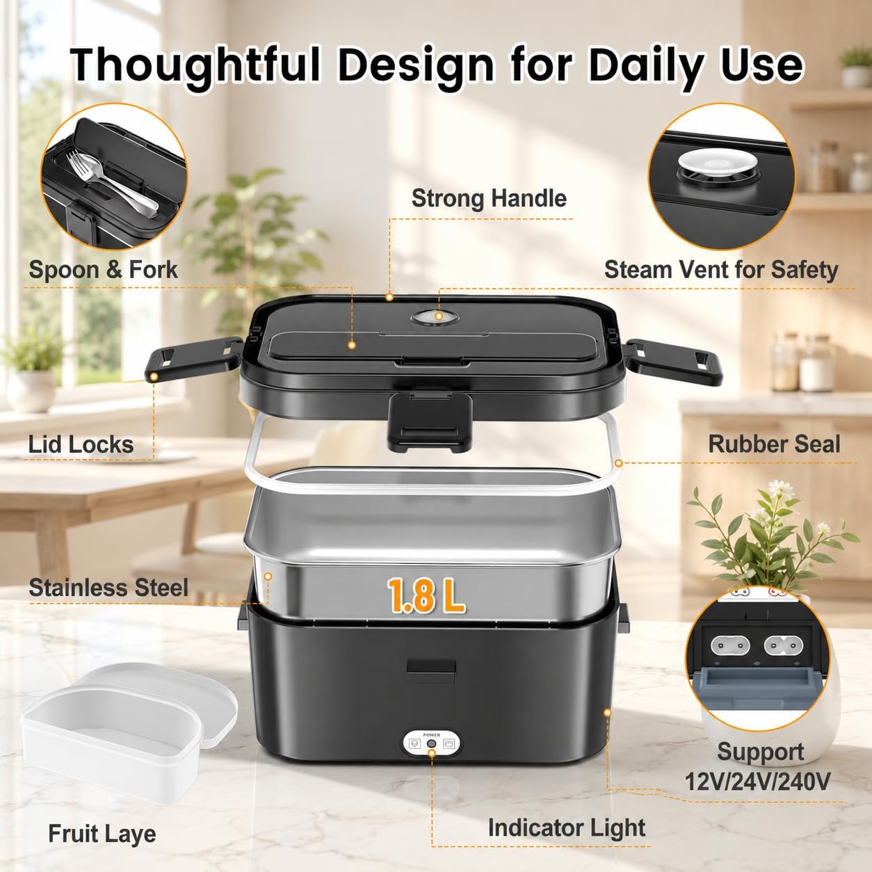 Chauffe-plat électrique portable DWiusty 1,8 L 75 W pour voiture ou maison, boîte à lunch anti-fuite pour chauffeurs de camions