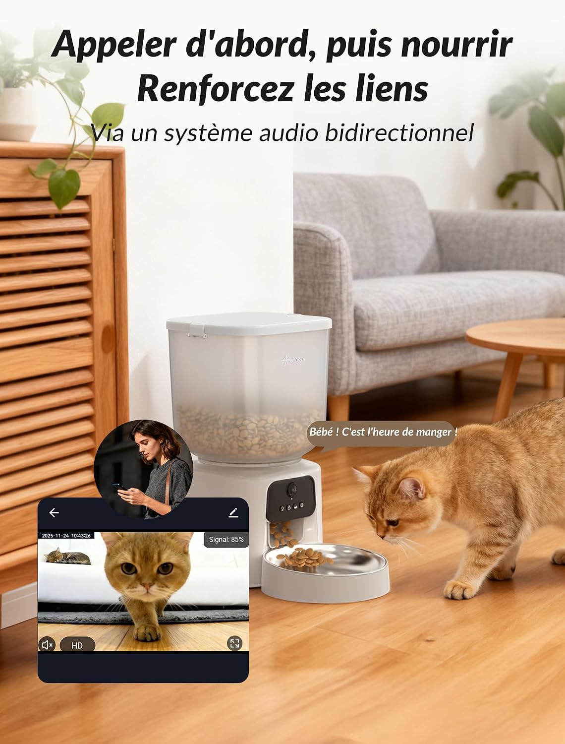 Distributeur Croquettes Chat Automatique avec Caméra 1080P, WiFi