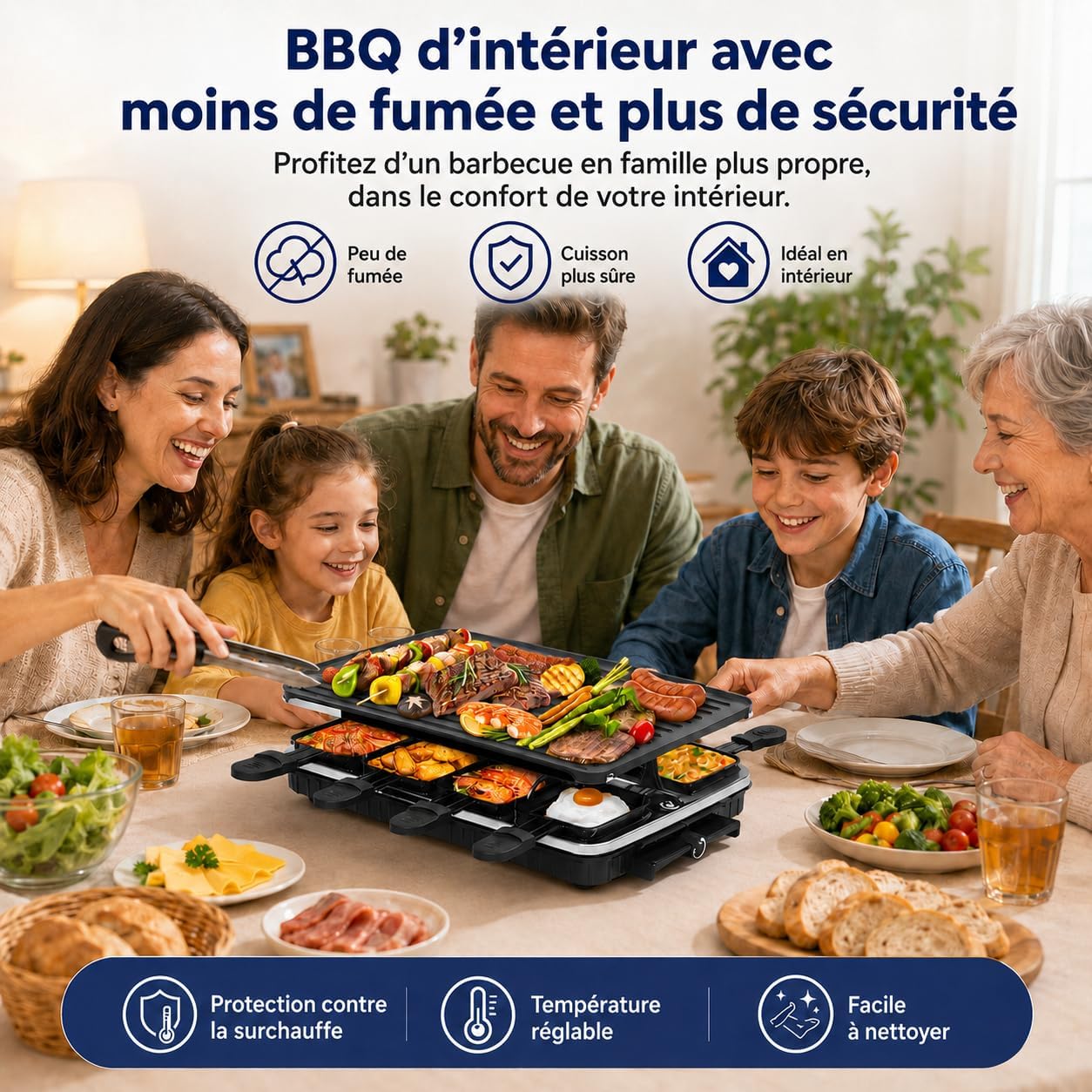 Appareil à Raclette 8 Personnes avec Grille Réversible Antiadhésive, Mini Poêlons en Fromage et Spatule en Bois appareil pour raclette