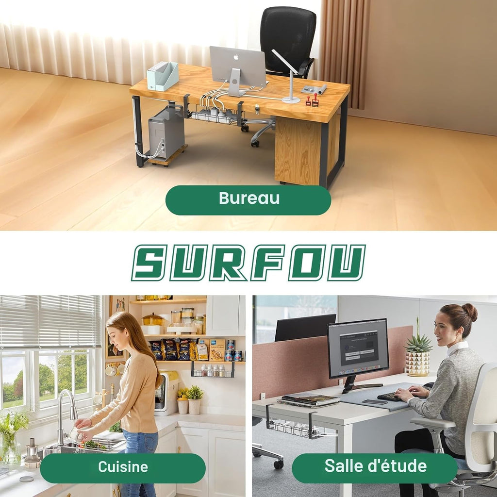 Support de rangement sous table, sans perçage, plateau de gestion des câbles en métal, lot de Cable Management, Plateau de Gestion des Câbles sous Bureau sans Perçage, Rangement Cable Bureau pour La Gestion des Câbles et des Multiprises, Noir