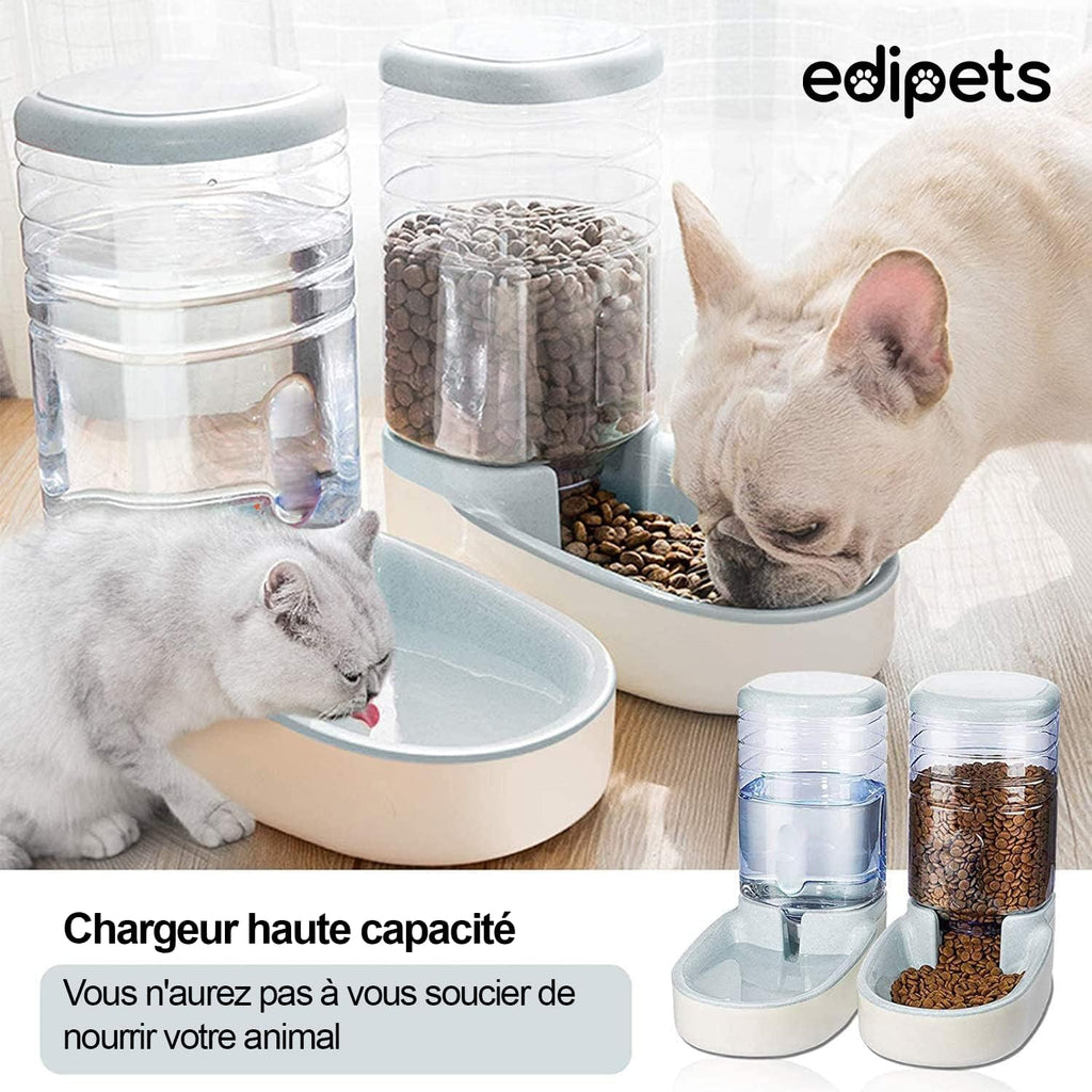 Distributeur Croquettes Chat, Chien, Automatique, 2 Unités, 3.8 L, Gamelle à Nourriture et à Eau pour Animaux de Compagnie (Gris) Edipets