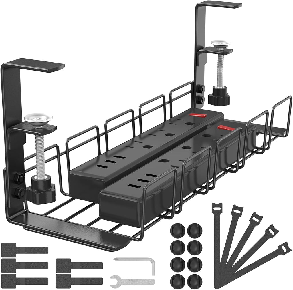 Support de rangement sous table, sans perçage, plateau de gestion des câbles en métal, lot de Cable Management, Plateau de Gestion des Câbles sous Bureau sans Perçage, Rangement Cable Bureau pour La Gestion des Câbles et des Multiprises, Noir