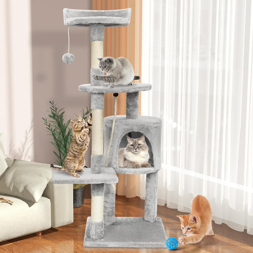Arbre à Chat Tour de Jeux pour Chats avec 3 Poteaux à Griffer, 2 Plateformes, 1 Nid Douillet, 1 Pompons, Multi-Niveaux Convient aux Chats de Petite et Moyenne Taille Gris Hauteur 112 cm