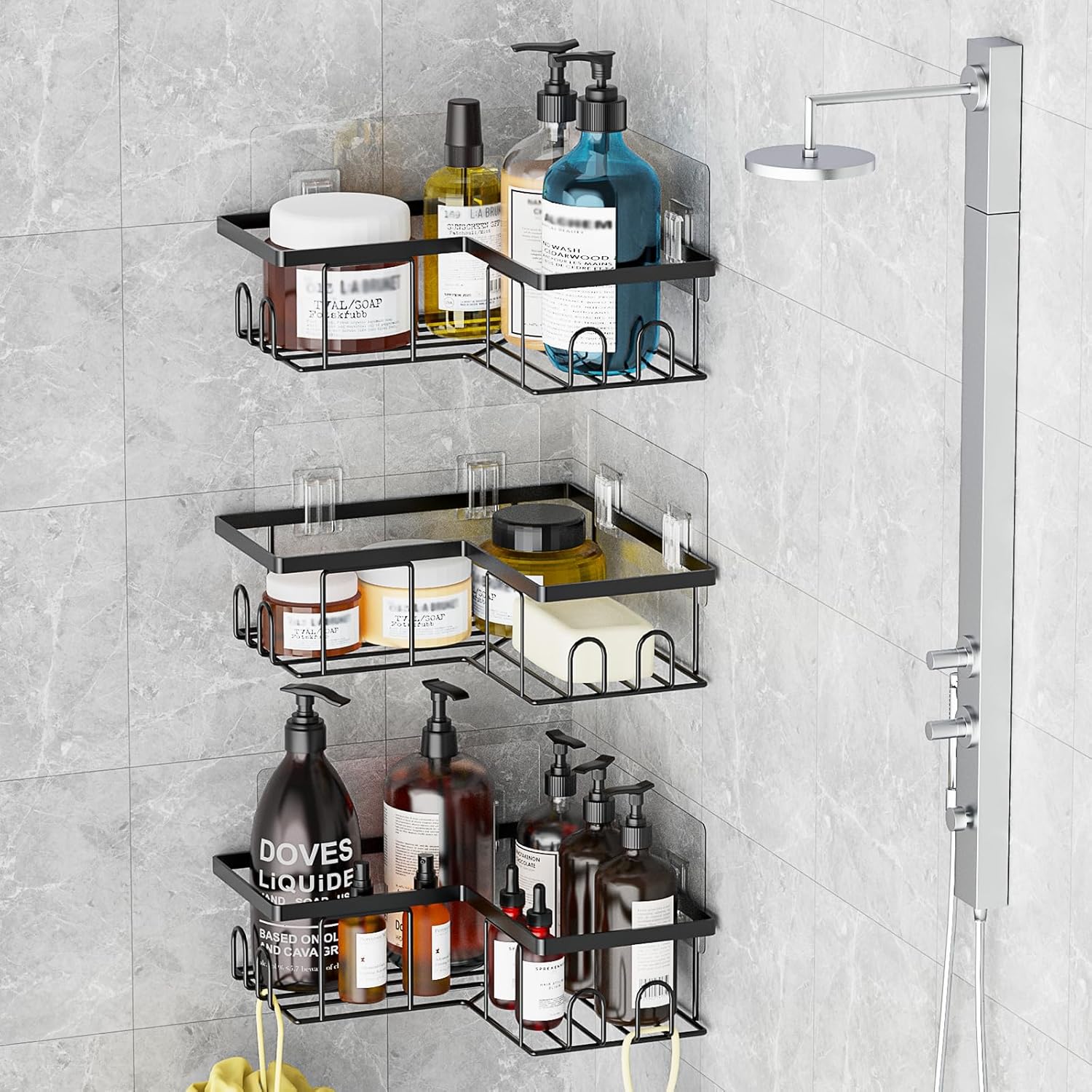 Lot de 3 étagères Étagère de Douche sans Percage, Étagère Salle Angle de Bain, Noir