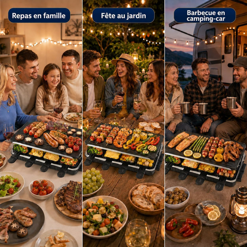 Appareil à Raclette 8 Personnes avec Grille Réversible Antiadhésive, Mini Poêlons en Fromage et Spatule en Bois appareil pour raclette